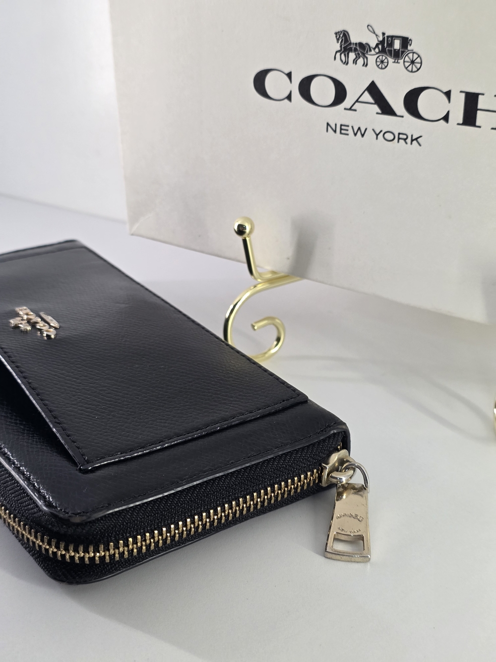 COACH Black Leather Zip-Around Wallet W/ Gold Hardware - Picture 4 of 14